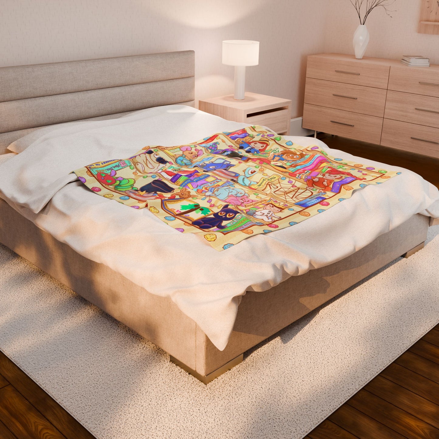 Kids Book Plush Characters Cozy Velveteen Plush Blanket, Whimsical Library Design