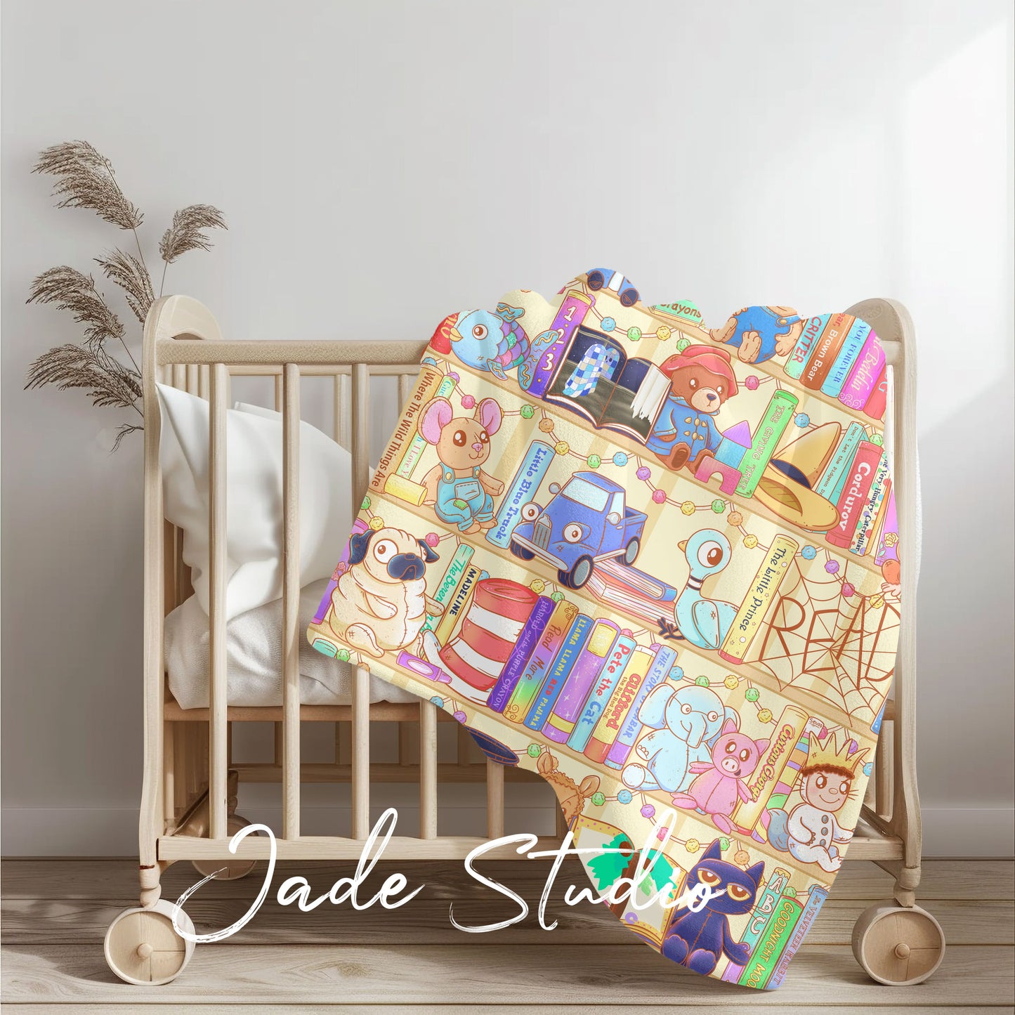 Kids Book Plush Characters Cozy Velveteen Plush Blanket, Whimsical Library Design