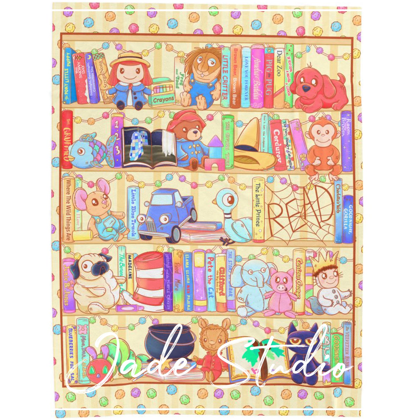 Kids Book Plush Characters Cozy Velveteen Plush Blanket, Whimsical Library Design