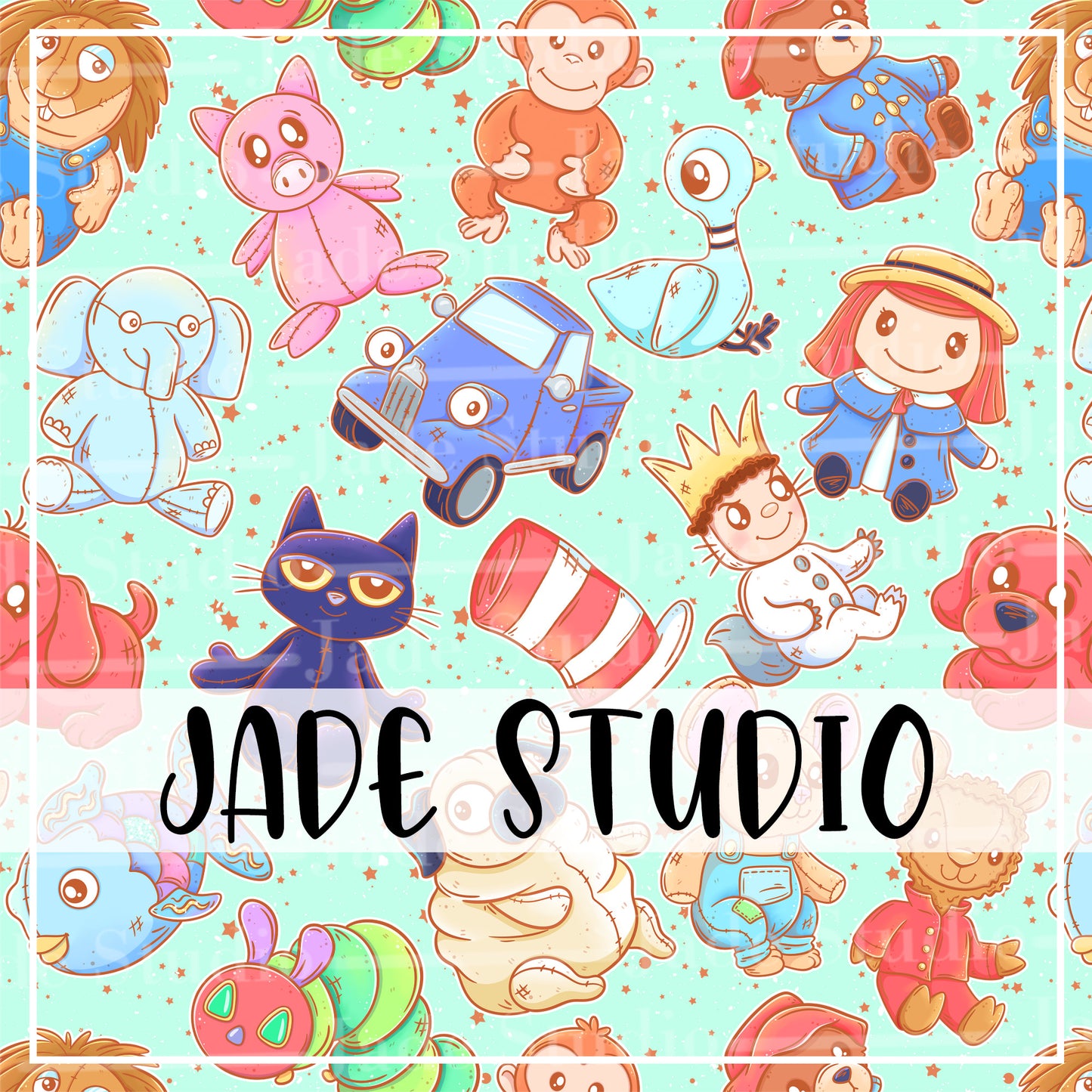 Tossed Kids Book Plushies Seamless Pattern