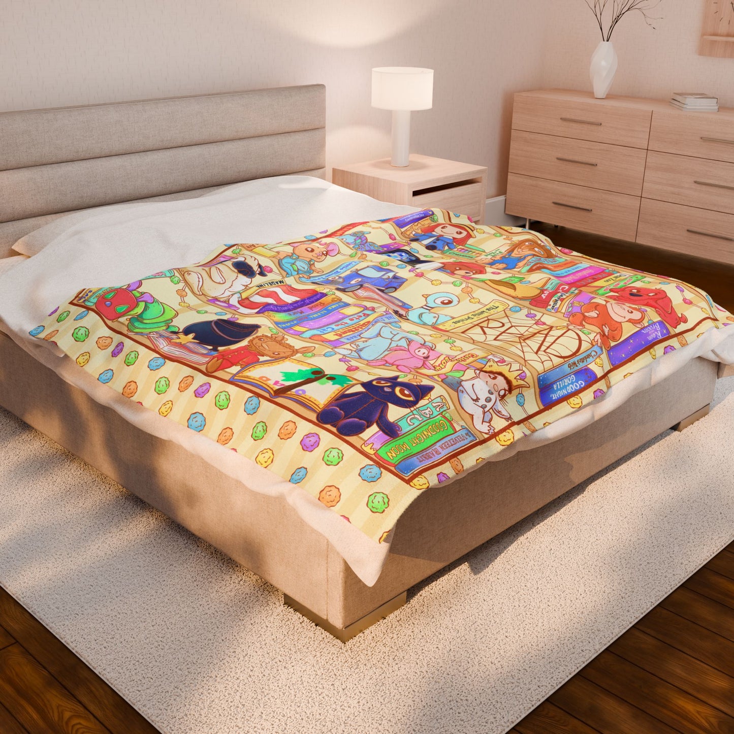 Kids Book Plush Characters Cozy Velveteen Plush Blanket, Whimsical Library Design