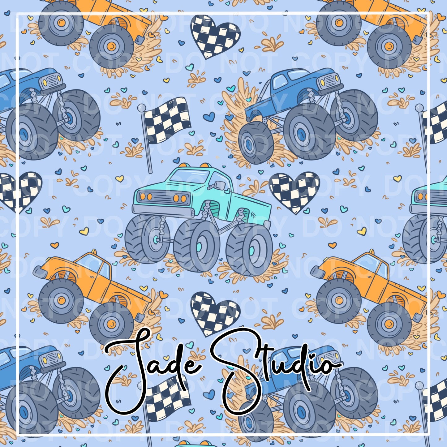 Heart Monster Trucks Seamless Pattern