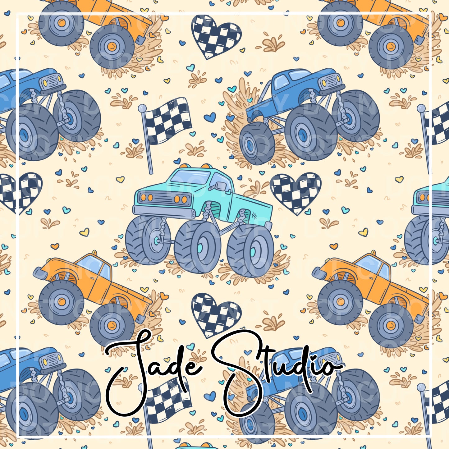 Heart Monster Trucks Seamless Pattern