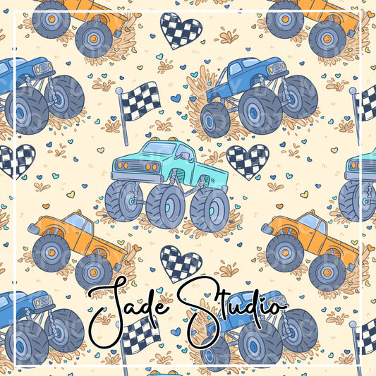 Heart Monster Trucks Seamless Pattern