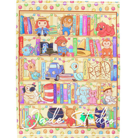 Kids Book Plush Characters Cozy Velveteen Plush Blanket, Whimsical Library Design